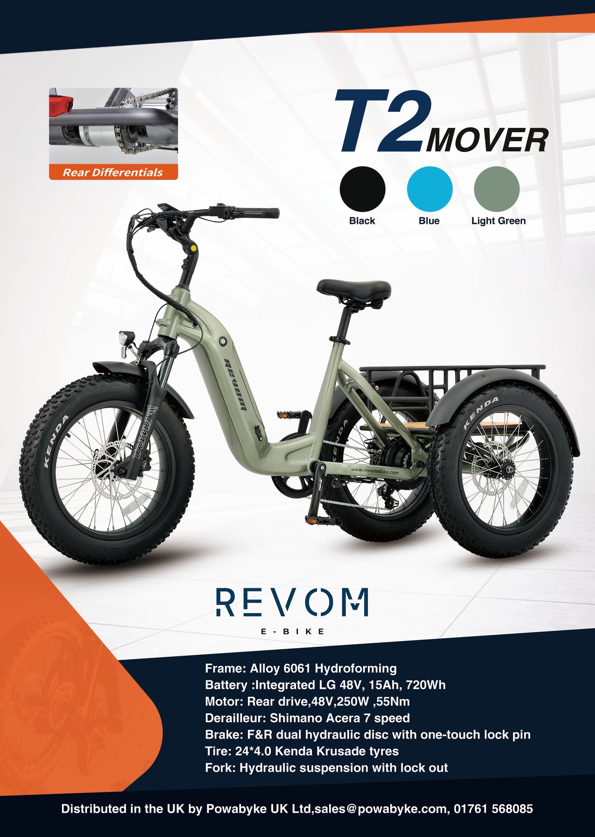 Revom T2 Fat Tyre Electric Mountain Trike 48V 250W 720Wh Battery 20 x 4.0 Kenda Tyres
