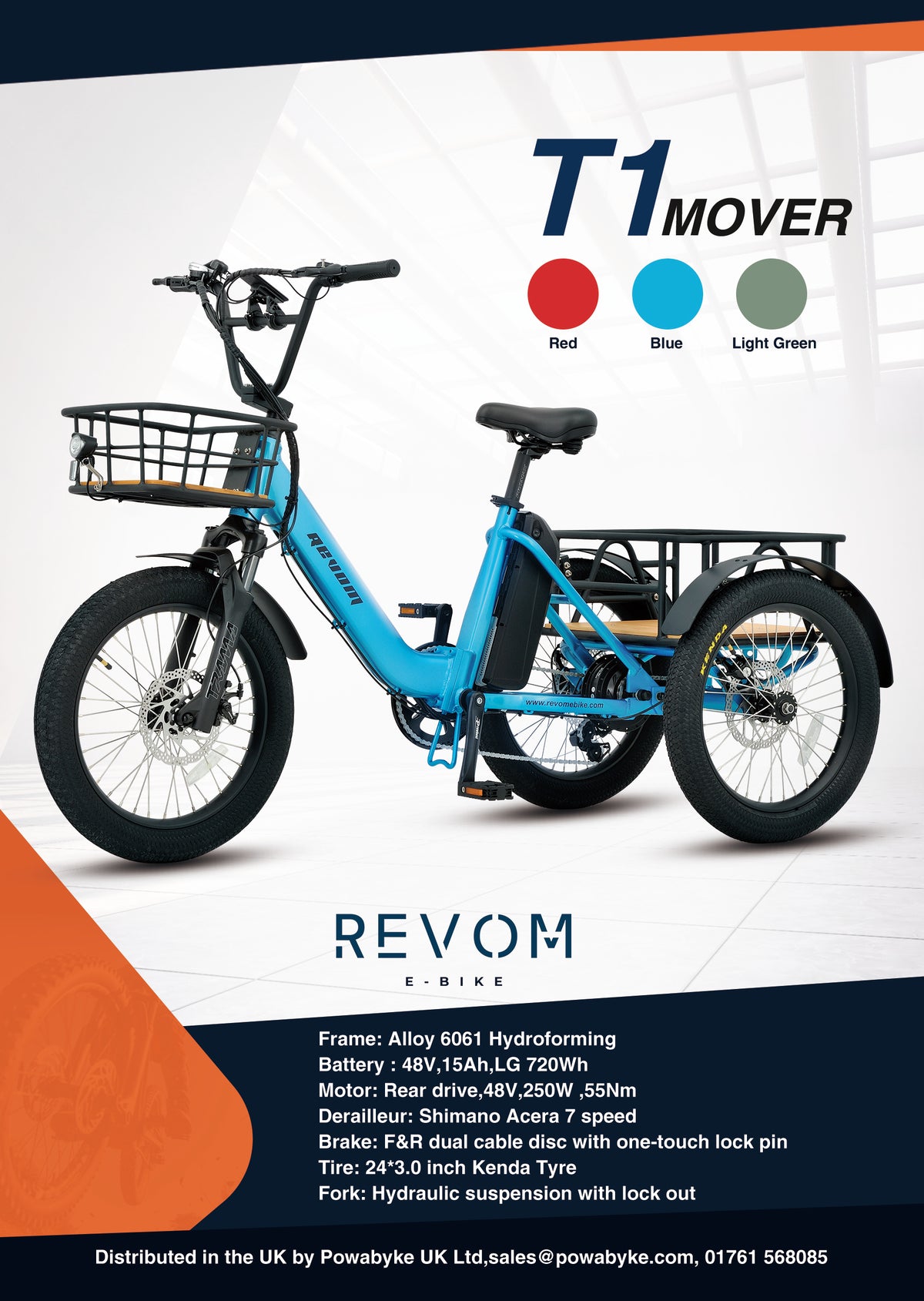 Revom T1 Urban Electric Tricycle 48V 250W 720Wh Battery Folding Handlebars Front & Rear Crates