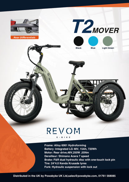 Revom T2 Fat Tyre Electric Mountain Trike 48V 250W 720Wh Battery 20 x 4.0 Kenda Tyres
